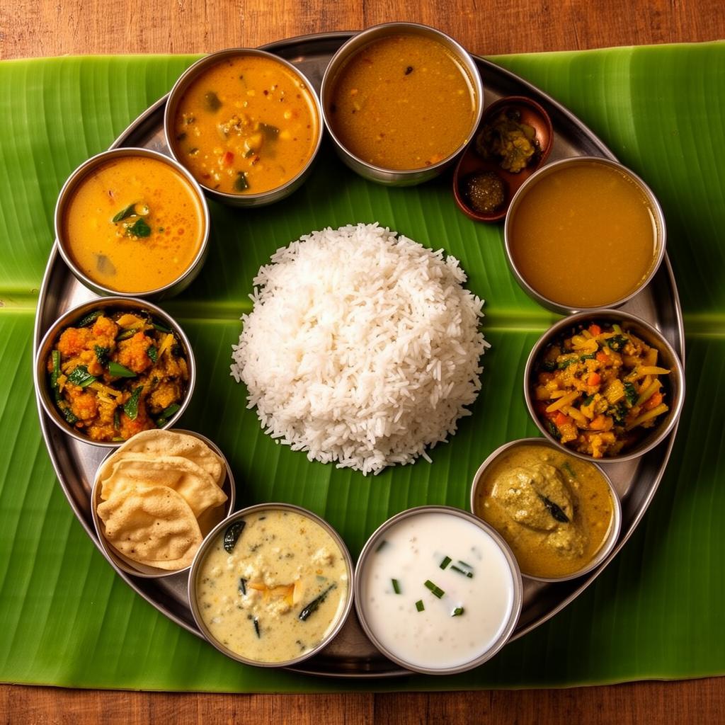 Traditional Tamil Nadu banana leaf lunch with rice, sambar, rasam, poriyal and curries