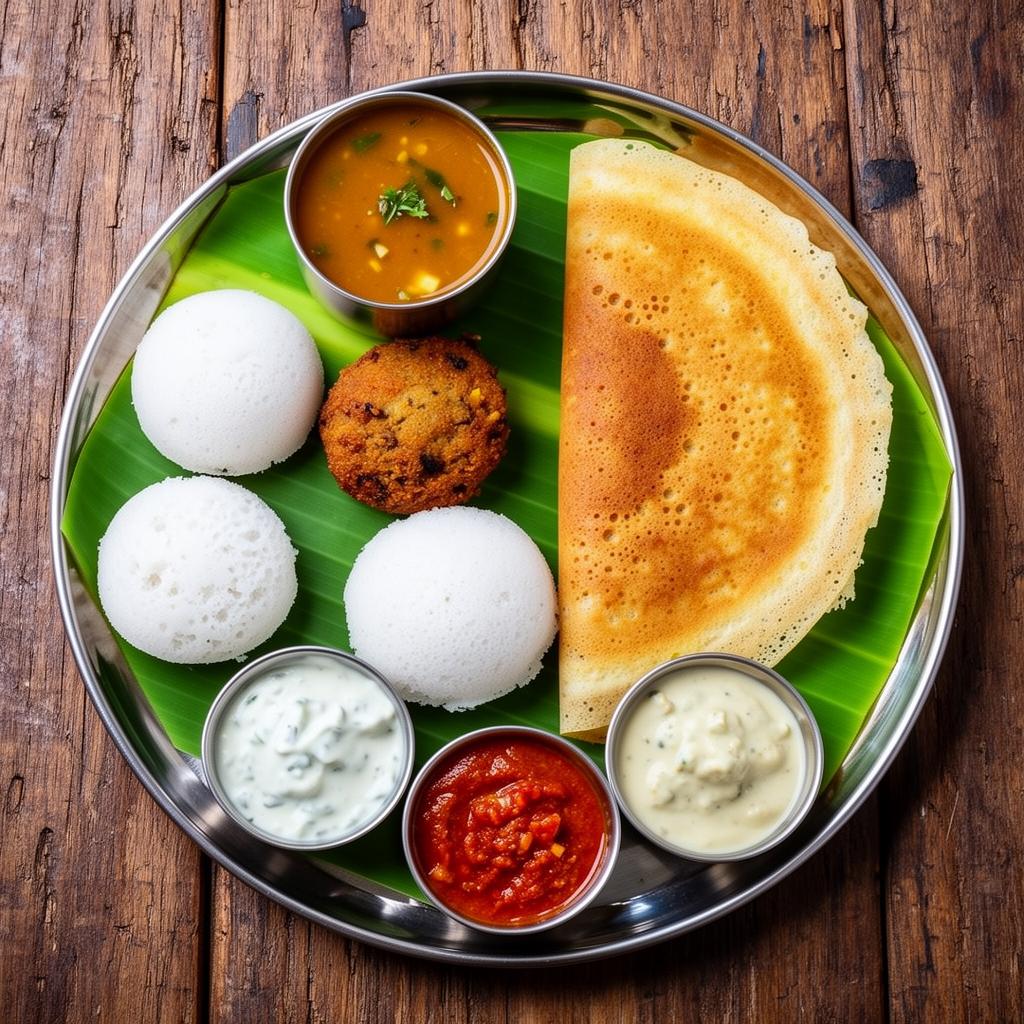 Authentic South Indian breakfast with idli, dosa, vada, sambar and chutneys