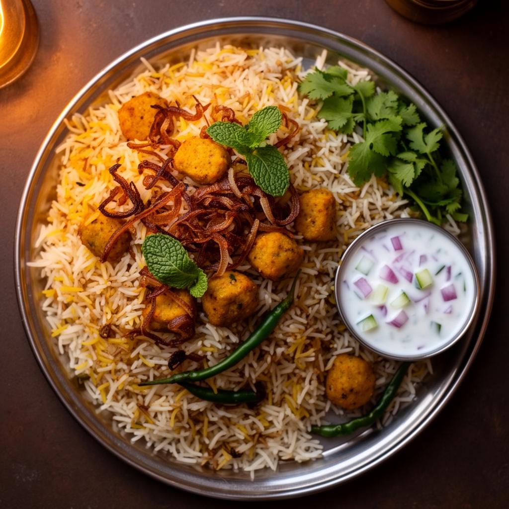 South Indian soya biriyani with onion raita, fried onions and mint